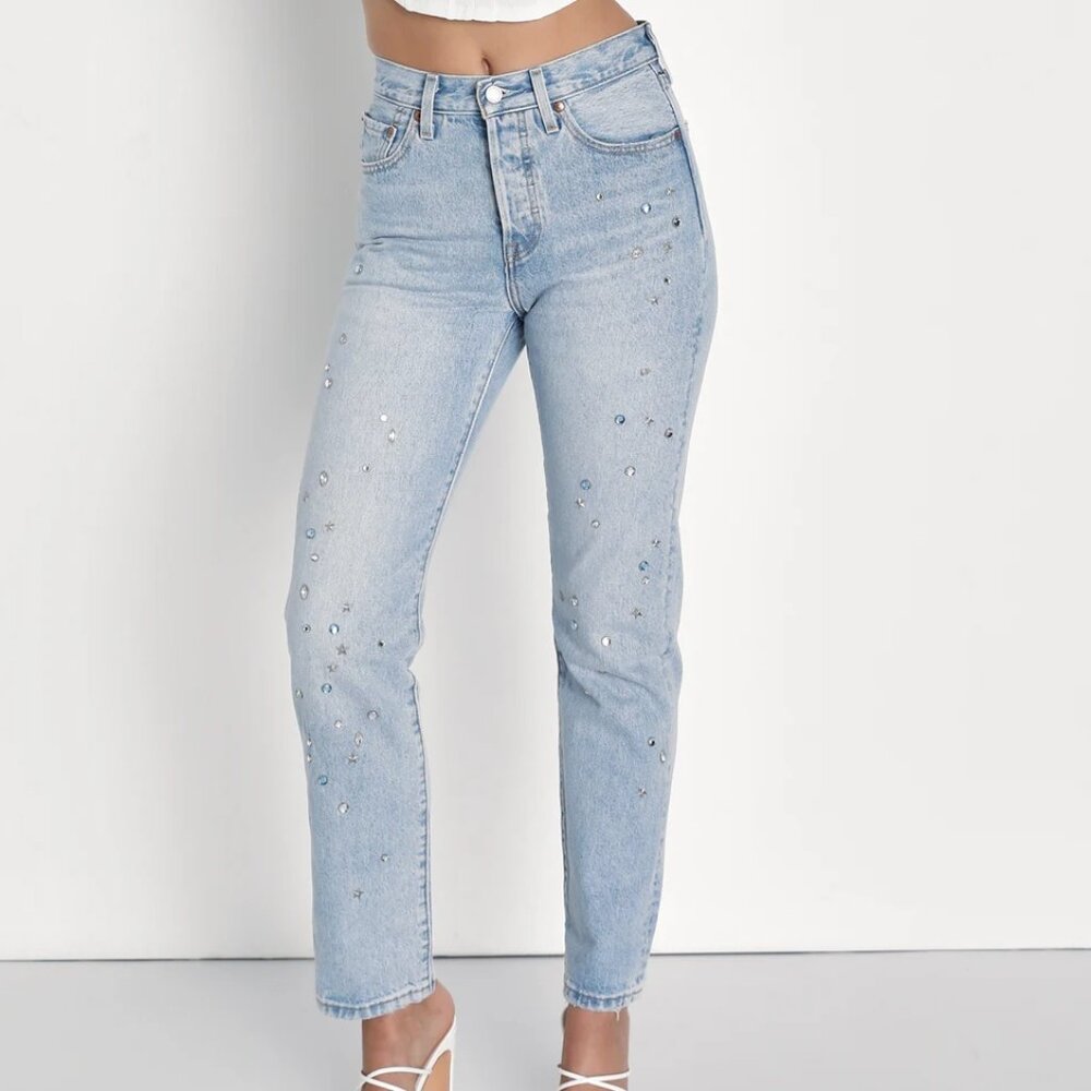 077  Levi's 501 Light Wash Studded Rhinestone Denim Jeans NWT SIZE 27 X 30